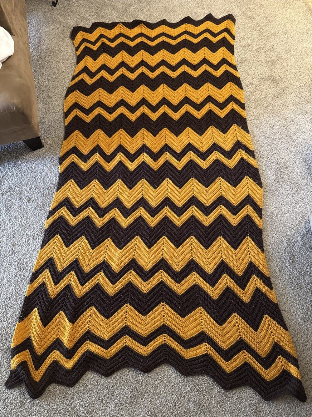 Hand Crochet Afghan vintage ZigZag Chevron Harvest Gold Brown 80”x48” MCM